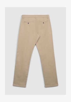 Pantaloni beige in misto cotone, con una texture liscia, design a gamba dritta, due tasche posteriori con chiusura a bottone e cuciture a vista.