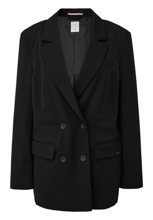 Czarna dwurzędowa marynarka z klapami, dwiema przednimi kieszeniami i sześcioma guzikami. Gładki materiał z ukrytą wewnętrzną metką.