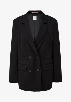 Czarna dwurzędowa marynarka z klapami, dwiema przednimi kieszeniami i sześcioma guzikami. Gładki materiał z ukrytą wewnętrzną metką.