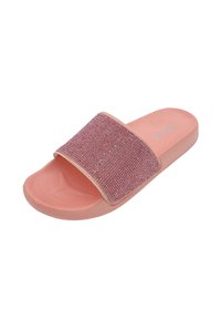 Sandale à glissière rose avec une bride texturée ornée de strass étincelants et une semelle en caoutchouc flexible. Design doux et léger.