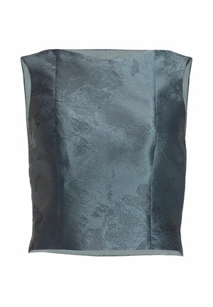 Trägerloses Korsett aus graublauem, strukturiertem Stoff mit dezentem Blumenmuster und geformten Nähten, freigestellt auf weißem Hintergrund.