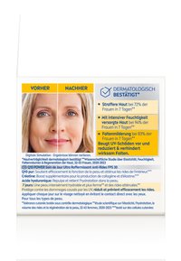 Box packaging for a skincare product with a split image showing before and after effects on skin, text highlights benefits, colors: white, yellow, blue.