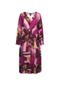 Bindegürtelkleid aus leichtem Stoff mit einem bunten abstrakten Muster in verschiedenen Rosa-, Lila- und Brauntönen; lange Ärmel mit elastischen Bündchen.