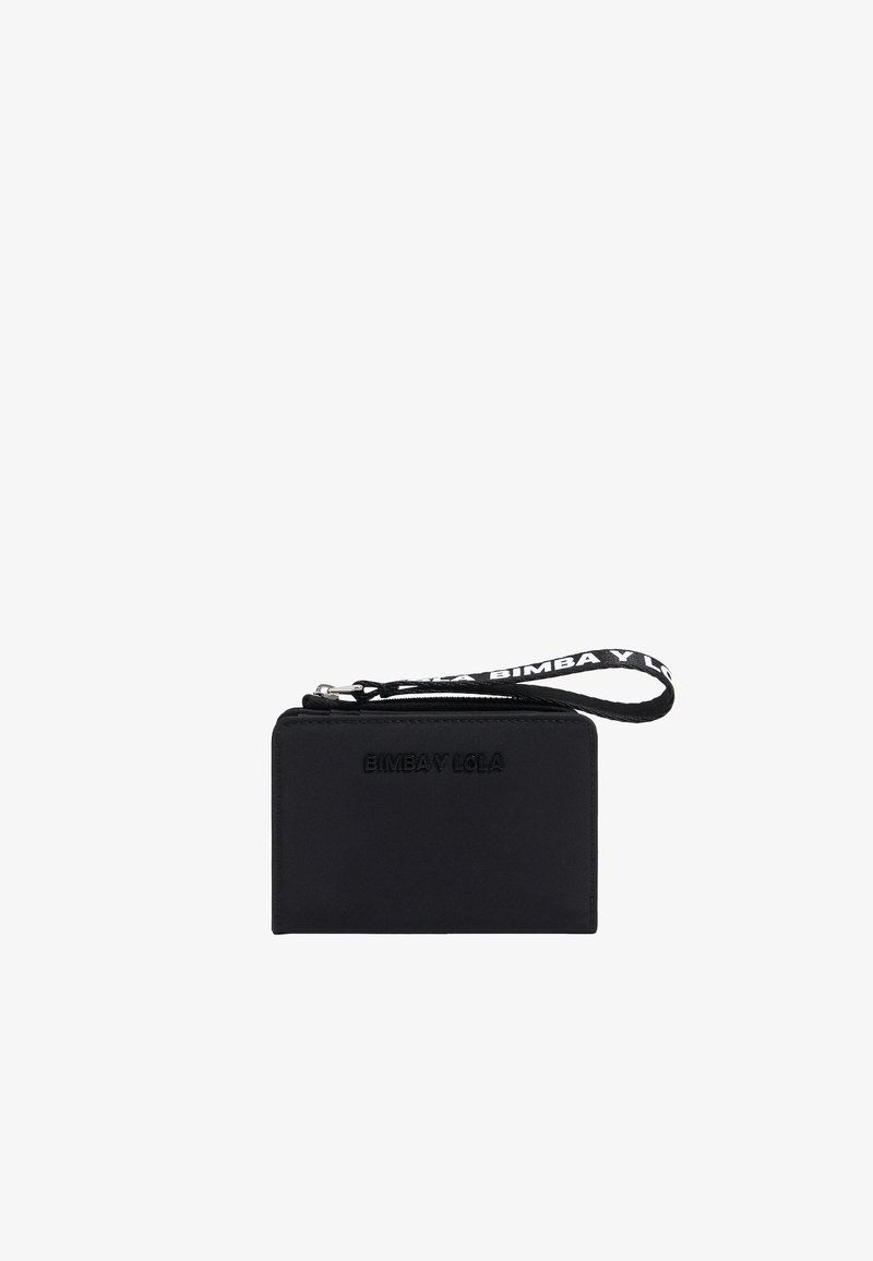 Black wallet made of textured synthetic material, featuring a zip closure, embossed logo, and a detachable wrist strap with logo print.