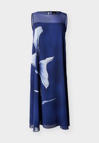 Αμάνικο μακρύ φόρεμα σε ναυτικό μπλε χρώμα με διάφανο γιόκα και μεγάλο λευκό floral μοτίβο στο μπροστινό μέρος, κατασκευασμένο από ελαφρύ, αέρινο ύφασμα.