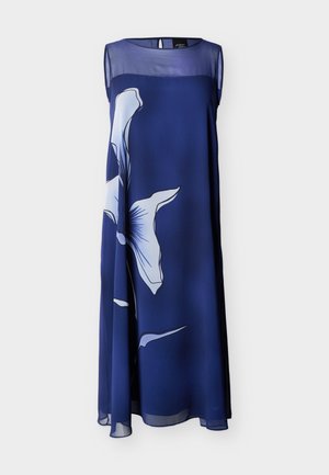 Rochie maxi bleumarin fără mâneci, cu bodice transparent și imprimeu floral alb mare pe față, realizată dintr-un material ușor și fluid.