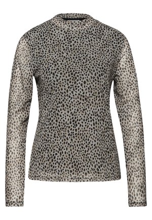 Langärmliges, eng anliegendes Oberteil mit unregelmäßiger beige-schwarzer Leopardenfleckenmusterung und hohem, rundem Halsausschnitt.