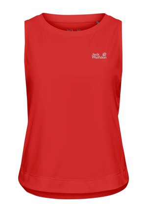 Top rosso senza maniche in tessuto liscio con scollo rotondo, caratterizzato da un logo discreto nell'angolo in alto a sinistra e un orlo curvo.