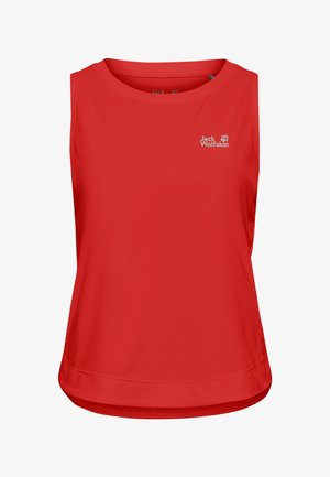 Top rosso senza maniche in tessuto liscio con scollo rotondo, caratterizzato da un logo discreto nell'angolo in alto a sinistra e un orlo curvo.