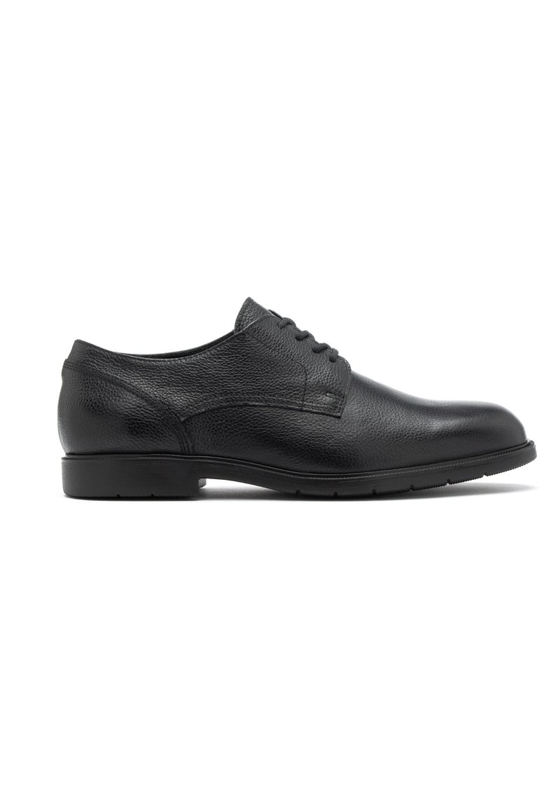 Pantofii de piele negri, cu un finisaj texturat, vârful rotund și un sistem de închidere cu cinci găurele. Talpa plată din cauciuc. Stil clasic și minimalist.