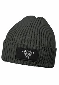 Gray knitted beanie with ribbed texture. Features a black patch displaying "valhalla" and crossed axes in white. Soft fabric, snug fit.