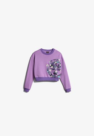 Paars cropped sweatshirt met lange mouwen en geribbelde manchetten. Heeft een meerkleurige bloemenafdruk op de voorkant met tekstopmaak.