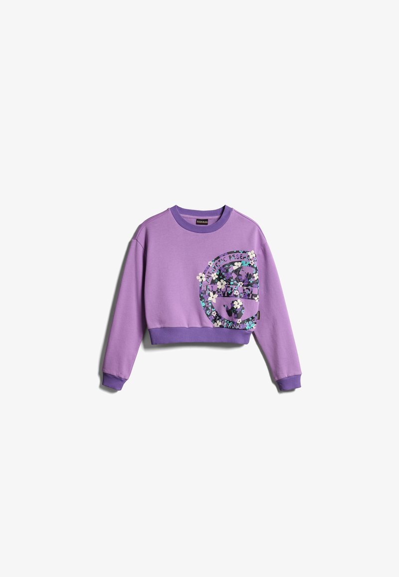 Sweatshirt violette à manches longues et à coupe courte, avec des poignets côtelés. Présente un graphisme floral multicolore sur le devant avec des détails textuels.