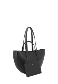 Borsa tote in pelle nera con texture, manici lunghi e una pochette zip staccabile coordinata con la scritta "abro" in lettering dorato.