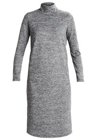 Graues langärmliges Rollkragenkleid mit geradem Schnitt, aus strukturiertem Strickstoff, knielanges Design ohne sichtbare Verzierungen.