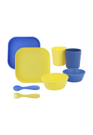 Two yellow and two blue plates, cups, bowls, and matching spoon and fork set arranged on a white background.
