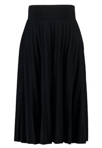 Jupe midi plissée noire avec une large ceinture ajustée et un tissu fluide s'étendant jusqu'à mi-mollet.