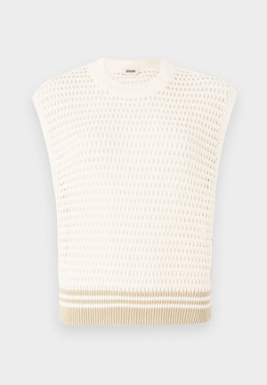 Bezrękawnik w kolorze kremowym z teksturowanym wzorem. Posiada okrągły dekolt oraz pas wykończony w beżowe paski. Oddychająca i lekka konstrukcja.