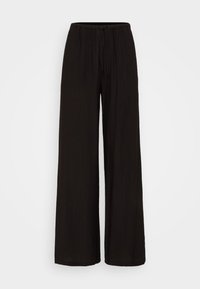 Černé kalhoty s širokými nohavicemi vyrobené z texturované tkaniny, s elastickým pasem a stahovací šňůrkou pro nastavitelný střih.