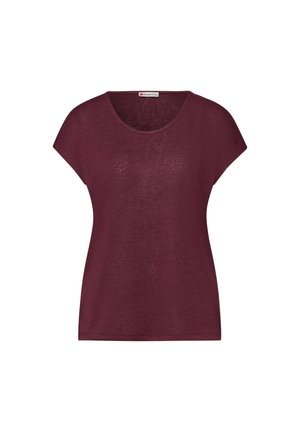 Lyhythihainen, pyöreäkauluksinen, tumma viininpunainen naisten T-paita, jossa on rento istuvuus ja ”Street One” -etiketti kauluksen sisäpuolella.