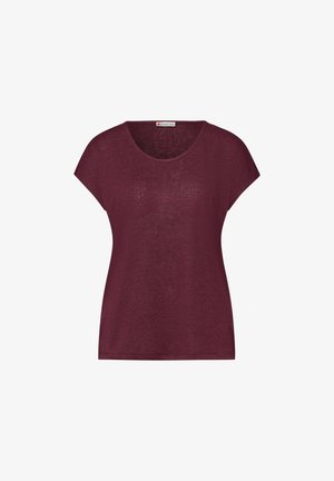 Lyhythihainen, pyöreäkauluksinen, tumma viininpunainen naisten T-paita, jossa on rento istuvuus ja ”Street One” -etiketti kauluksen sisäpuolella.