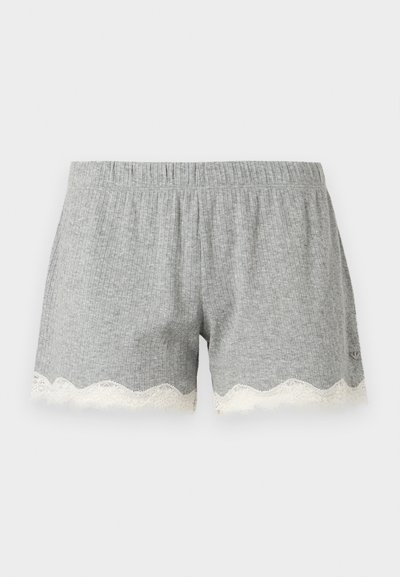 Γκρι ριγωτά πλεκτά σορτς με ελαστική μέση και λευκή δαντέλα με κυματιστό τελείωμα στο κάτω άκρο.
