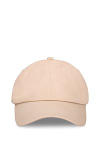Beige cotton baseball cap with a curved brim, six-panel construction, and a button on top. Stitched lines on the brim and sweatband visible.