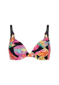 Kolorowy biustonosz bikini z kwiatowymi wzorami w odcieniach różu, pomarańczy i zieleni, na czarnym tle; regulowane ramiączka z akcentami sprzętowymi.