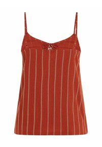 Camisola color ruggine con spalline sottili, dettaglio con nodo sul davanti e righe bianche verticali su un tessuto texture.