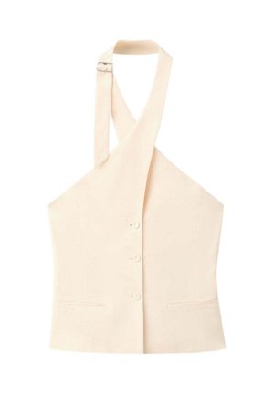 Veste sans manches couleur crème avec une bride de cou halter, trois boutons à l'avant et deux petites poches horizontales à la taille.
