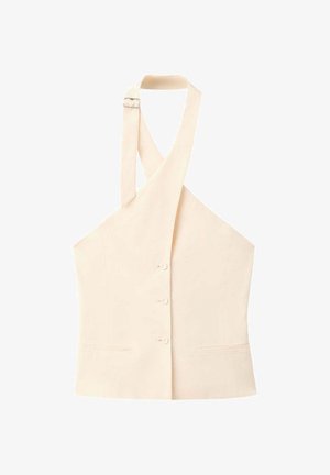 Veste sans manches couleur crème avec une bride de cou halter, trois boutons à l'avant et deux petites poches horizontales à la taille.