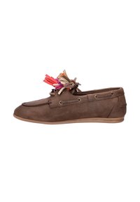 Bruine suede bootsschoen met een ronde neus, vetersluiting en een gekleurde franjes op de voorkant. Flexibele rubberen zool.