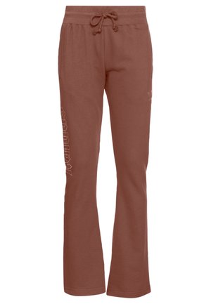 Pantalon de survêtement marron à taille à cordon, jambes droites et détail subtil de texte sur la cuisse droite et la hanche gauche.