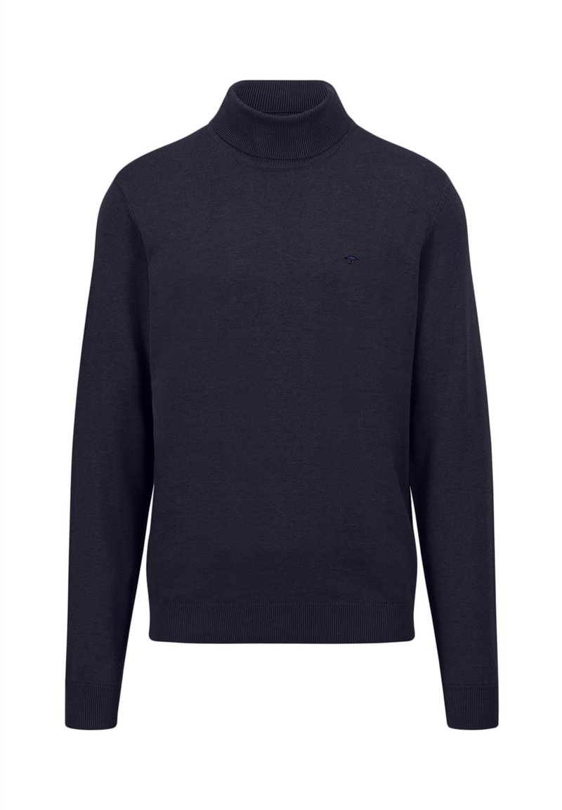 Maglione a collo alto di colore navy realizzato in morbido tessuto a maglia. Presenta maniche lunghe, colletto, polsini e orlo a coste, con un piccolo logo sul petto.