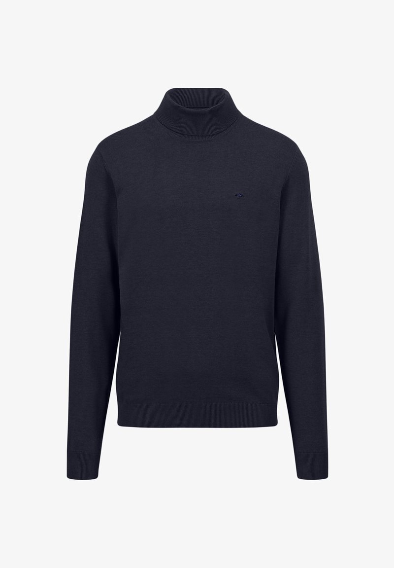 Maglione a collo alto di colore navy realizzato in morbido tessuto a maglia. Presenta maniche lunghe, colletto, polsini e orlo a coste, con un piccolo logo sul petto.