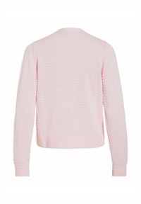 Lichtroze lange mouwen gebreide trui met een textuur van horizontale strepen, geribbelde manchetten, zoom en ronde hals, gezien vanaf de achterkant.