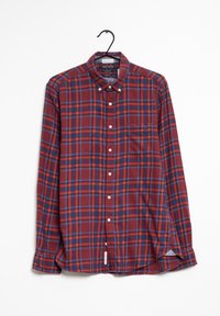 Camisa de cuadros rojos y azules con mangas largas, cuello abotonado, bolsillo frontal y dobladillo redondeado. Fabricada en un tejido ligero.