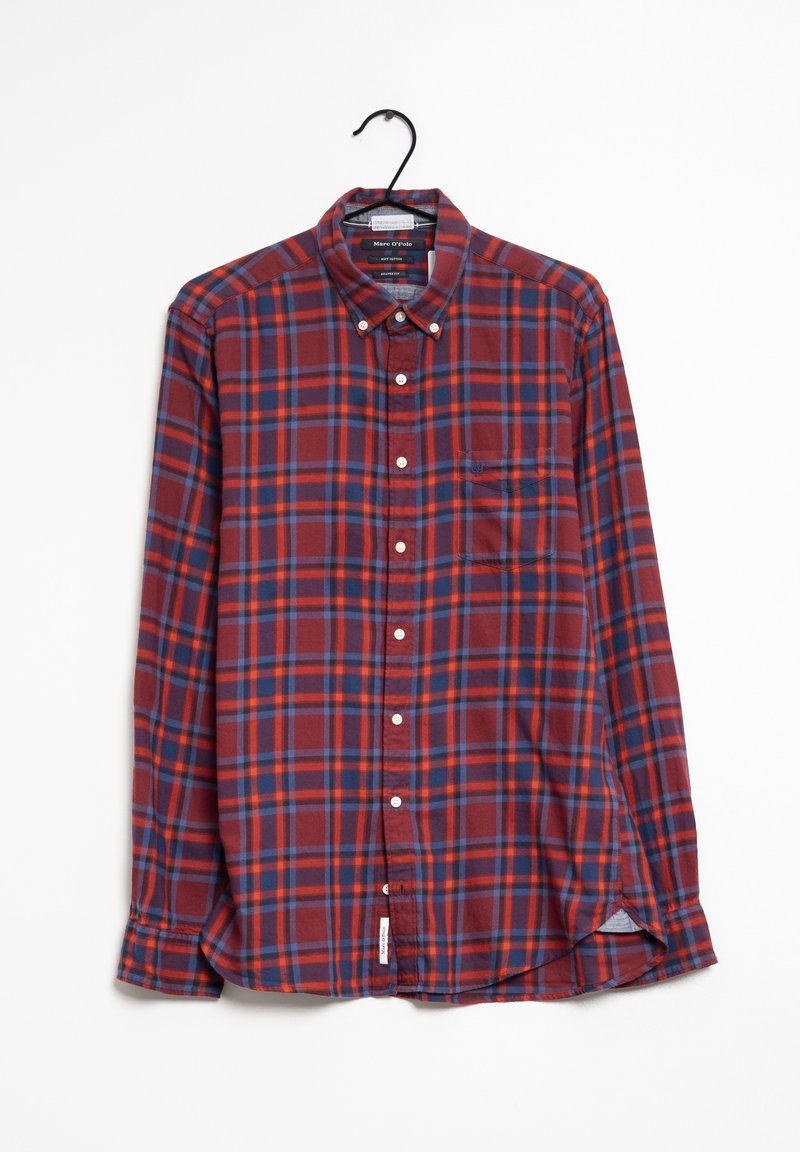Camisa de cuadros rojos y azules con mangas largas, cuello abotonado, bolsillo frontal y dobladillo redondeado. Fabricada en un tejido ligero.