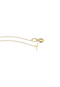Goldkette mit herzförmigem Anhänger und T-Bar-Verschluss. Die Kette hat ein zartes, strukturiertes Design für zusätzliche Details.