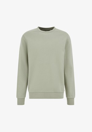 Világoszöld pulóver puha anyagból, kör alakú nyakkivágással, hosszú ujjakkal, bordás mandzsettával és aljjal, sima, matt felülettel.