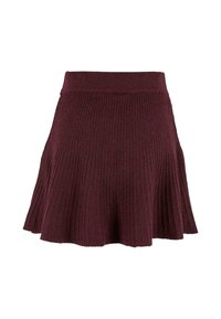 Burgundyröd ribbad stickad kjol med ett utsvängt snitt, som har ett brett midjeband och en mjuk textur. Kjolen går till knäna och har en diskret utsvängning.