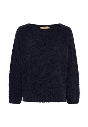 Mørkeblå sweater lavet af blødt, fluffy materiale. Har en bred halsudskæring og lange ærmer med ribbede kanter, der giver en afslappet pasform.