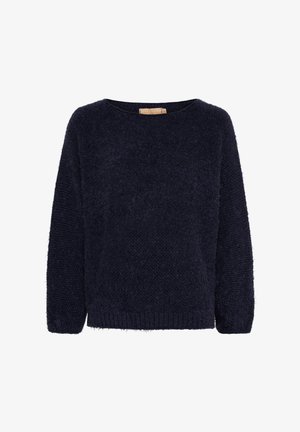 Mørkeblå sweater lavet af blødt, fluffy materiale. Har en bred halsudskæring og lange ærmer med ribbede kanter, der giver en afslappet pasform.