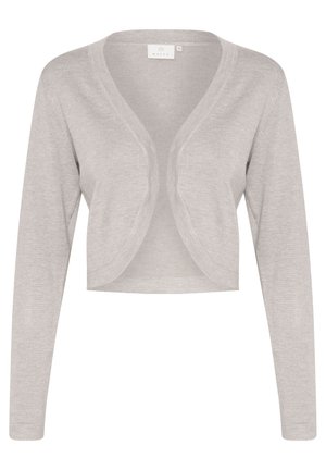 Cardigan corto grigio chiaro con maniche lunghe, design aperto sul davanti e texture a maglia liscia. Caratterizzato da un scollo rotondo e da un sottile dettaglio di cucitura.
