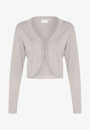 Cardigan corto grigio chiaro con maniche lunghe, design aperto sul davanti e texture a maglia liscia. Caratterizzato da un scollo rotondo e da un sottile dettaglio di cucitura.