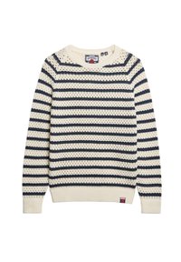 Pull crème avec des rayures horizontales bleu marine. Texture en tricot, col rond et poignets côtelés. Comprend une petite étiquette de logo à l'ourlet.