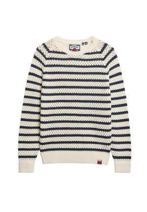 Suéter crema con rayas horizontales en navy. Textura de punto, cuello redondo y puños acanalados. Incluye una pequeña etiqueta de logo en el dobladillo.