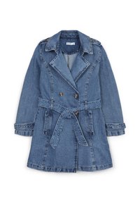 Denim trench coat with a light blue wash, double-breasted front, belted waist, and wide lapels. Features two side pockets and rolled cuffs.