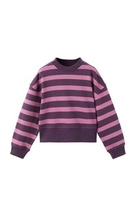 Bluza cu dungi violet și roz. Are un gât rotund, umeri căzuți și mansete ribbed. Fabricată dintr-un material moale și confortabil.