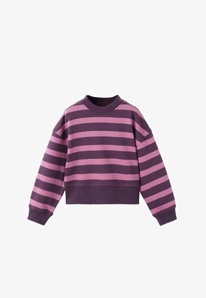 Sweatshirt rayé violet et rose. Attire avec un col rond, des épaules dénudées et des poignets côtelés. Fabriqué en tissu doux et confortable.